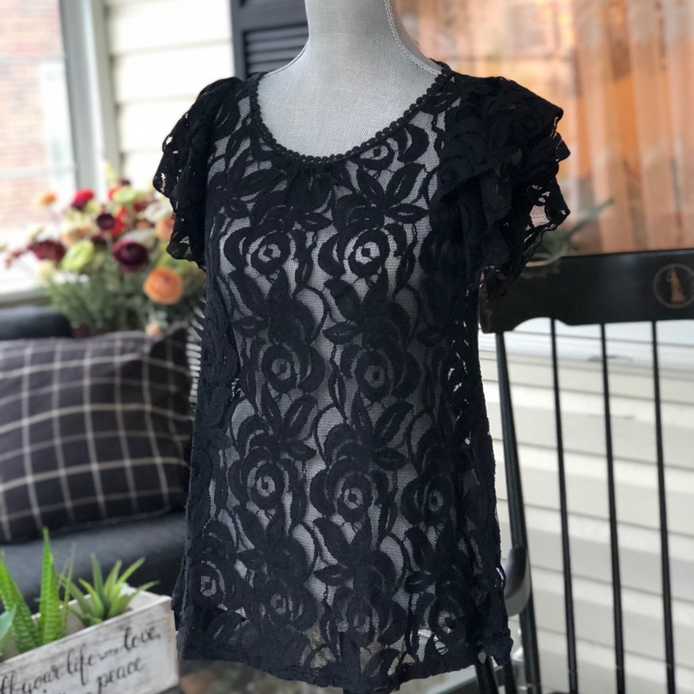 Black Lace Ruffle Sleeve Top